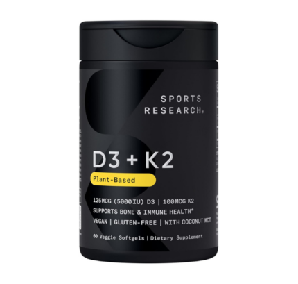 Sports Research® Vitamin D3 + K2 w/ Coconut Oil - Vegan Vitamin D 5000iu & Mk7 Vitamin K 100mcg for Bone & Immune Support - Vegan Certified · Non-GMO · Soy Free - 60 Softgels